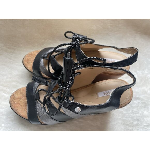 NEW GEOX D JALEAH WEDGE SANDAL Genuine Leather Silver/Black Comfort Rubber Sole - Picture 4 of 8